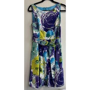 Muse Women’s Size 10 Sheath Dress Purple Floral Lined Belted Watercolor Artsy